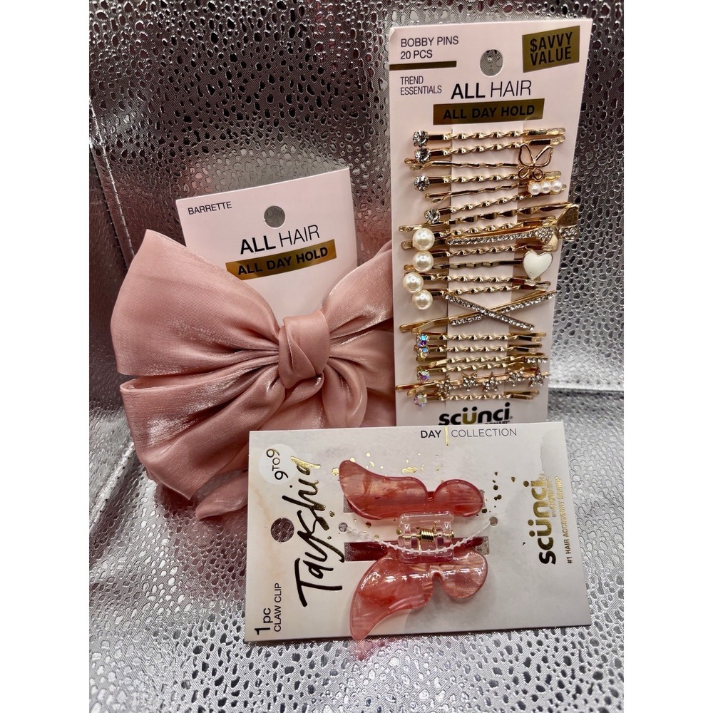 Scunci 3 Piece Set Pink Satin Bow Barrette, 20pc Bobby Pin Set, Claw Clip New